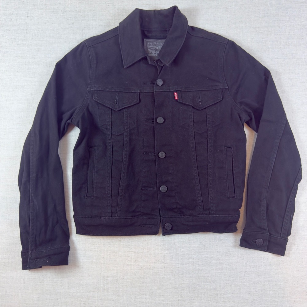 Levi Strauss & Co Mens XS Black Denim Trucker Jacket Solid Red Tab 1688